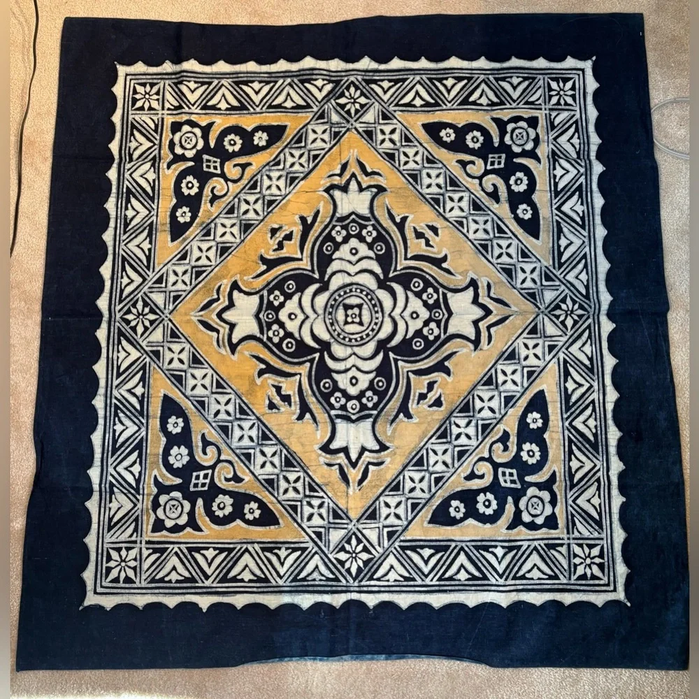 VTG Navy and yellow wall hanging or table cover. From SE Asia. Likely hand dyed